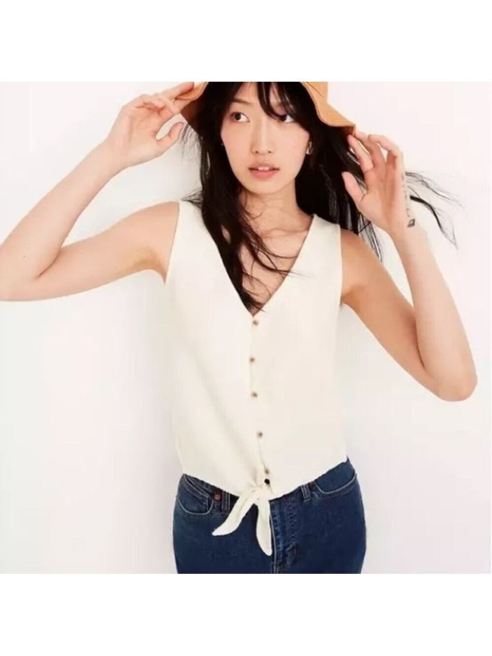 Madewell Texture & Thread Button-Front Tie Tank Top in Beige. Size XXL